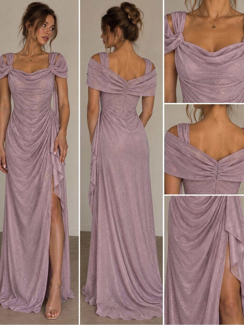 Alex Evenings Sparkle Lilac Draped Off-Shoulder Gown